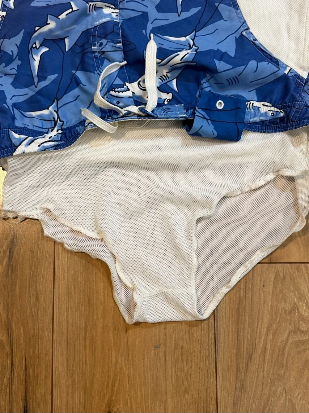 Vintage Wild Planet Men's Blue Shark-Print Swim Trunks with White Side Panels